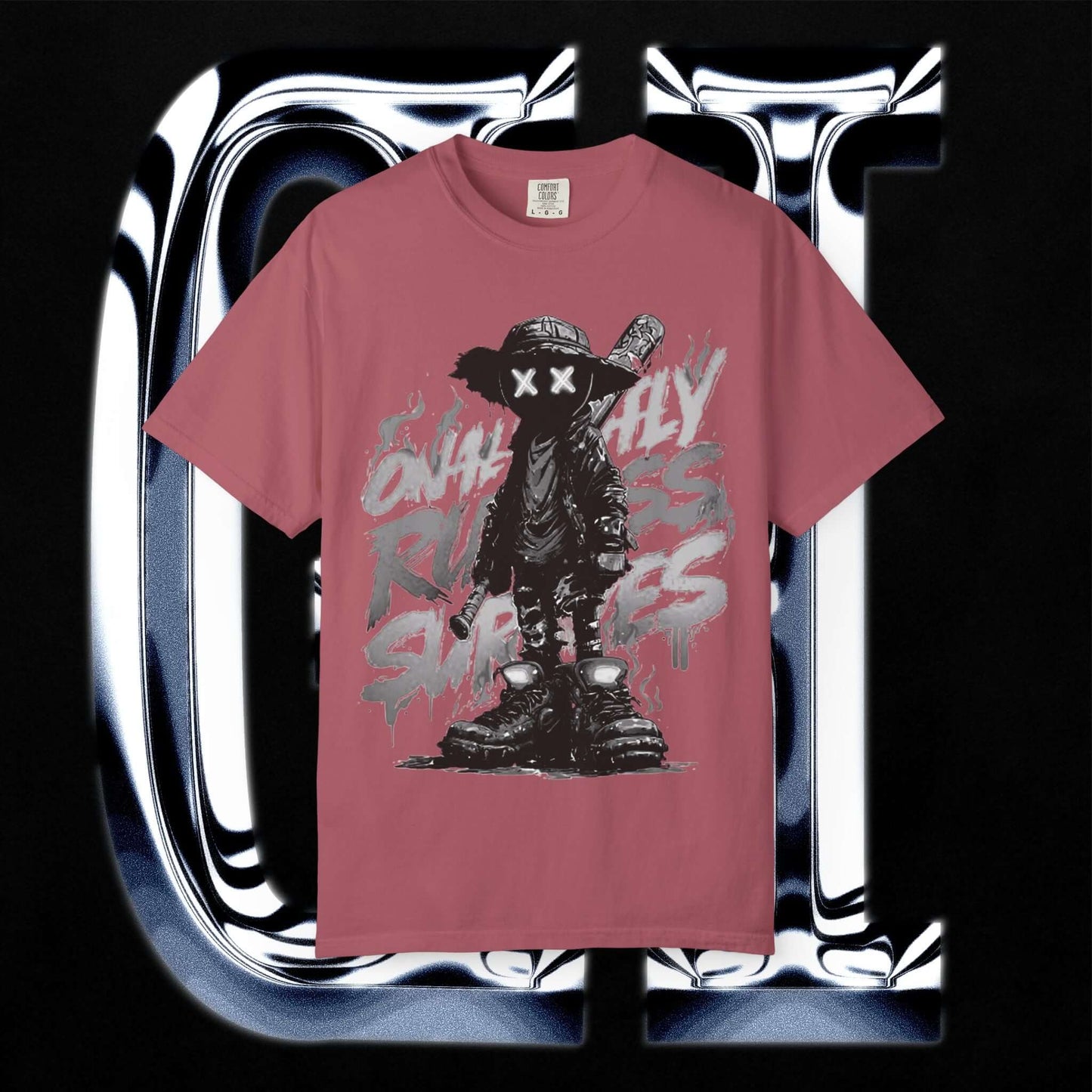 Garment-Dyed Streetwear Tee XX Ruthless Shadows Graphic in pink with striking graphic design.