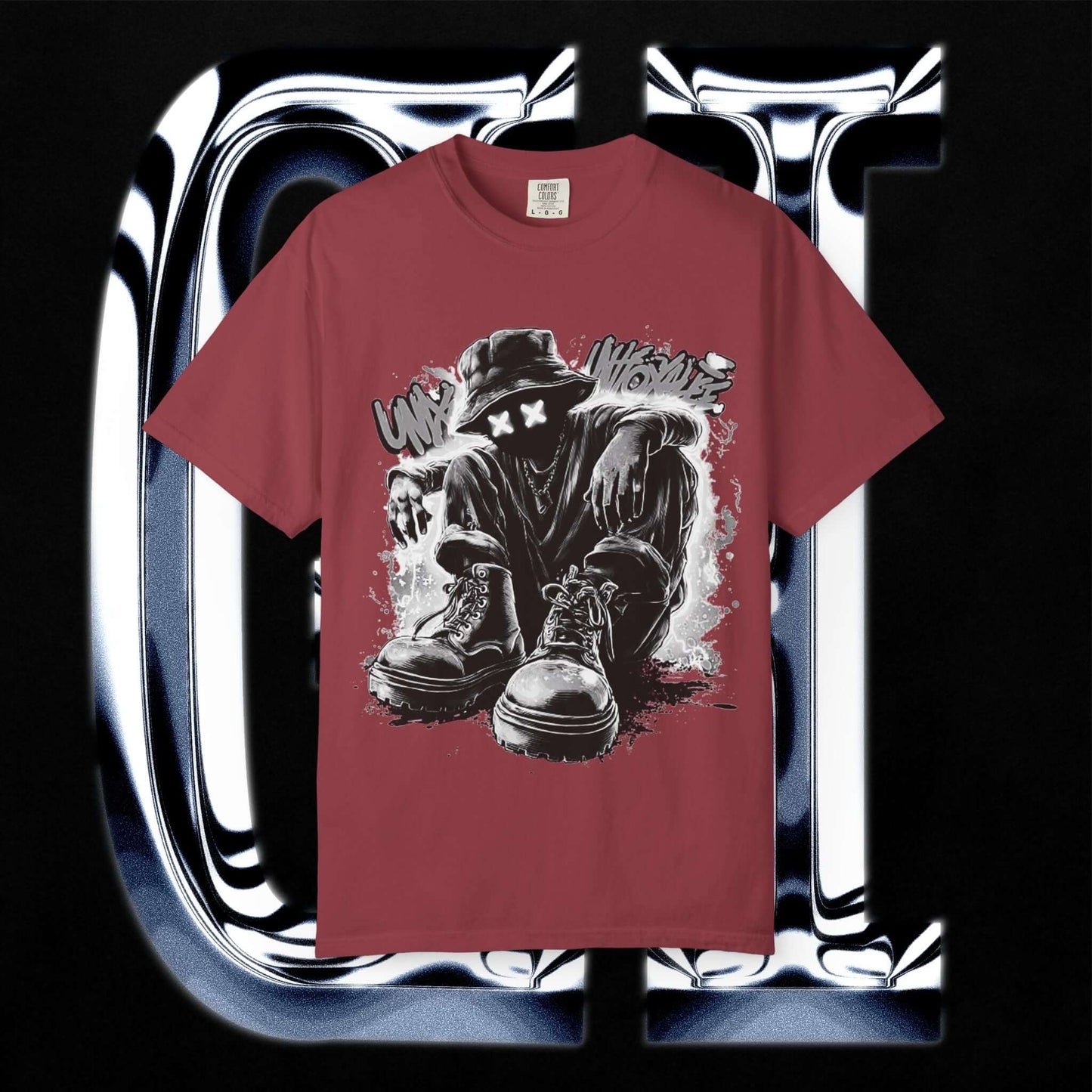 Garment-Dyed Streetwear Tee XX Urban Recline Graphic featuring bold graphic design and relaxed fit on a maroon background.