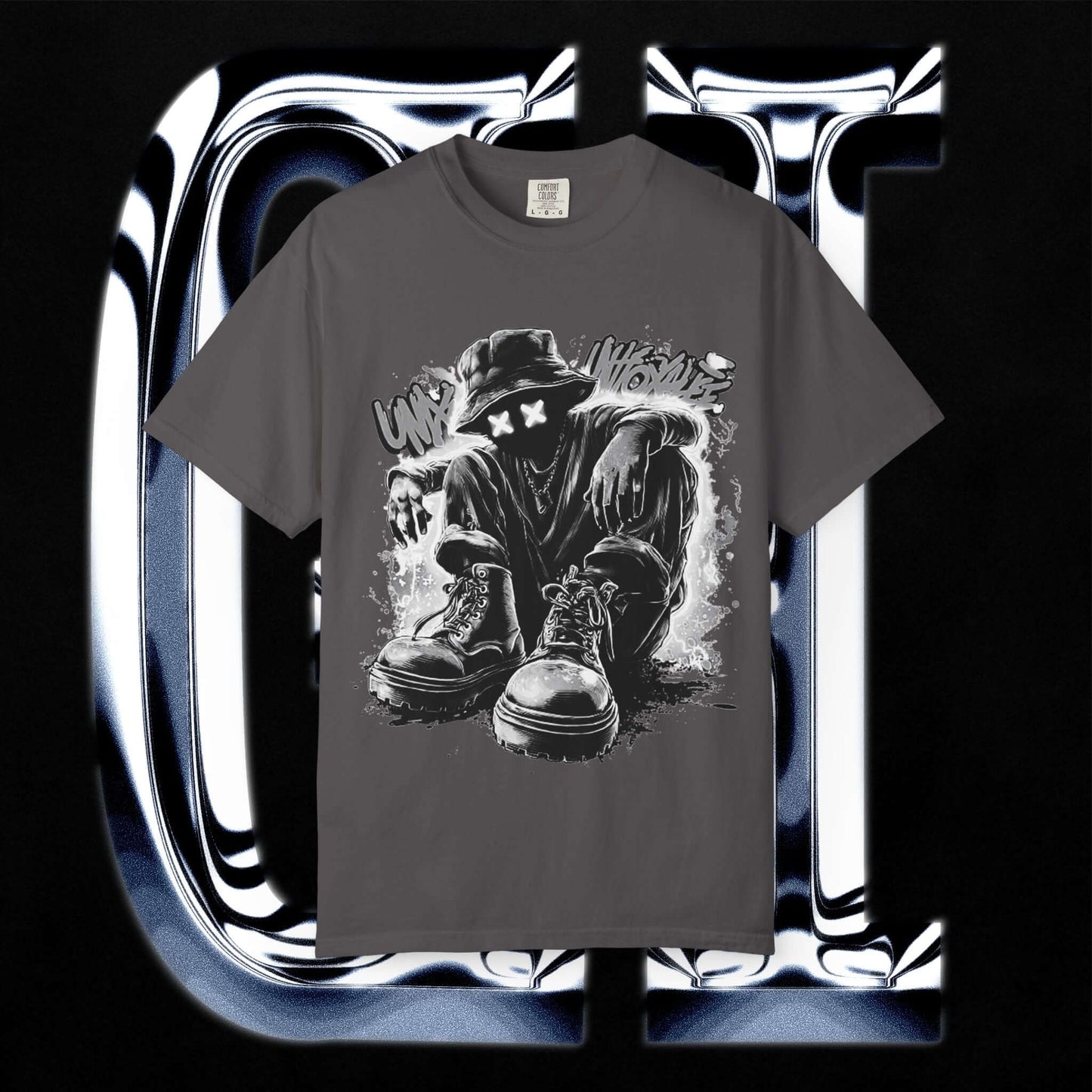 Garment-Dyed Streetwear Tee XX Urban Recline Graphic featuring a bold urban design on a gray T-shirt.