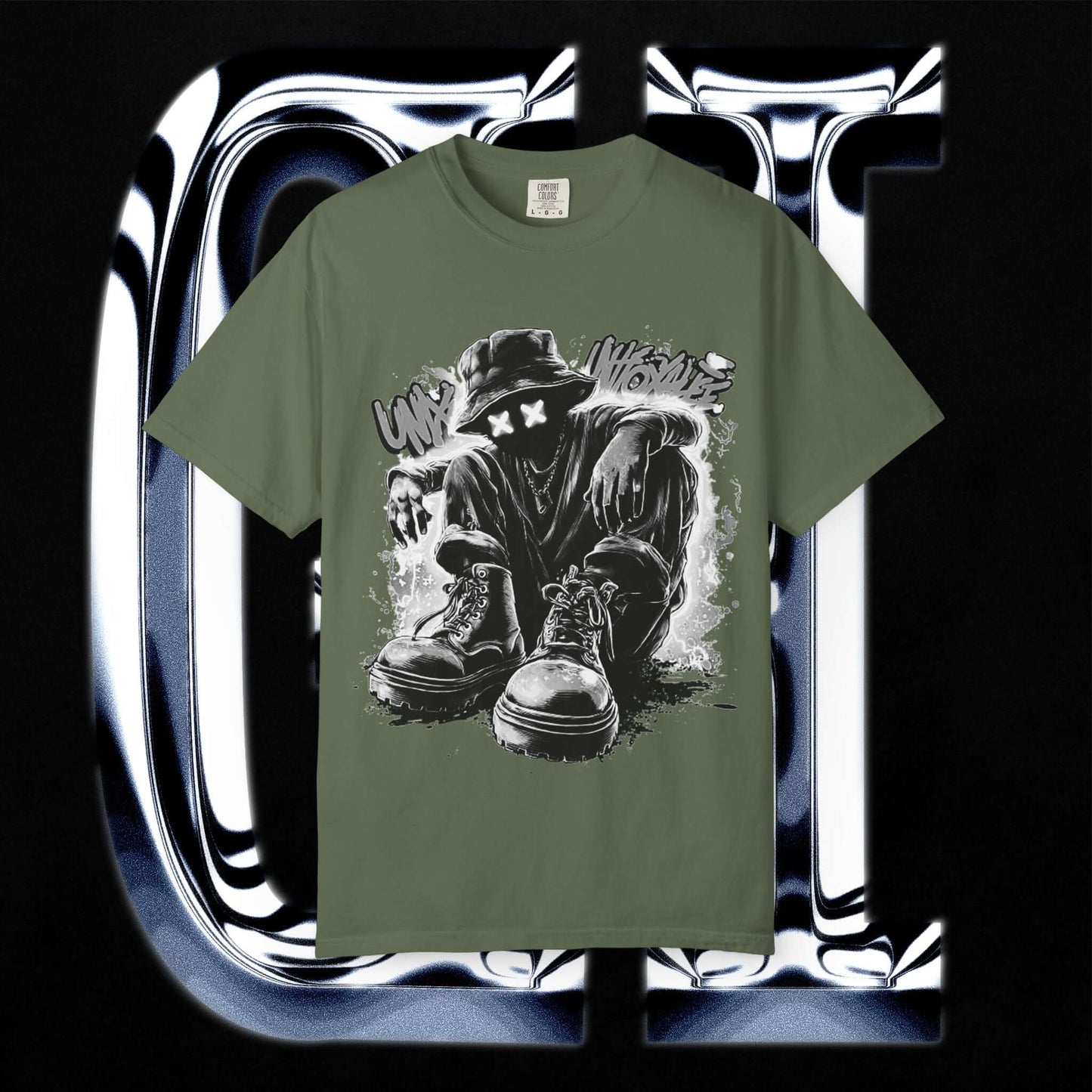 Garment-Dyed Streetwear Tee XX Urban Recline Graphic on a dark background, featuring bold urban art and casual style.