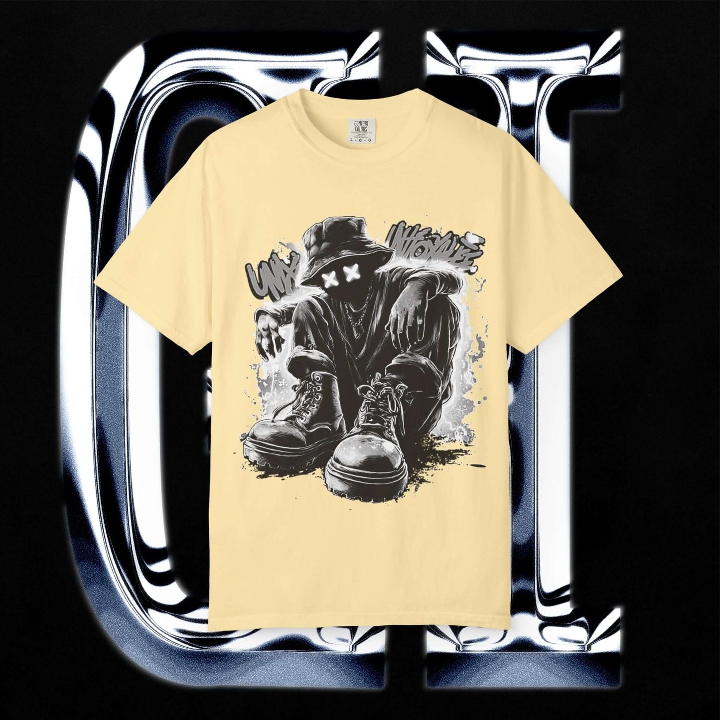 Garment-Dyed Streetwear Tee XX Urban Recline Graphic displayed on a black background, featuring unique graphic artwork.