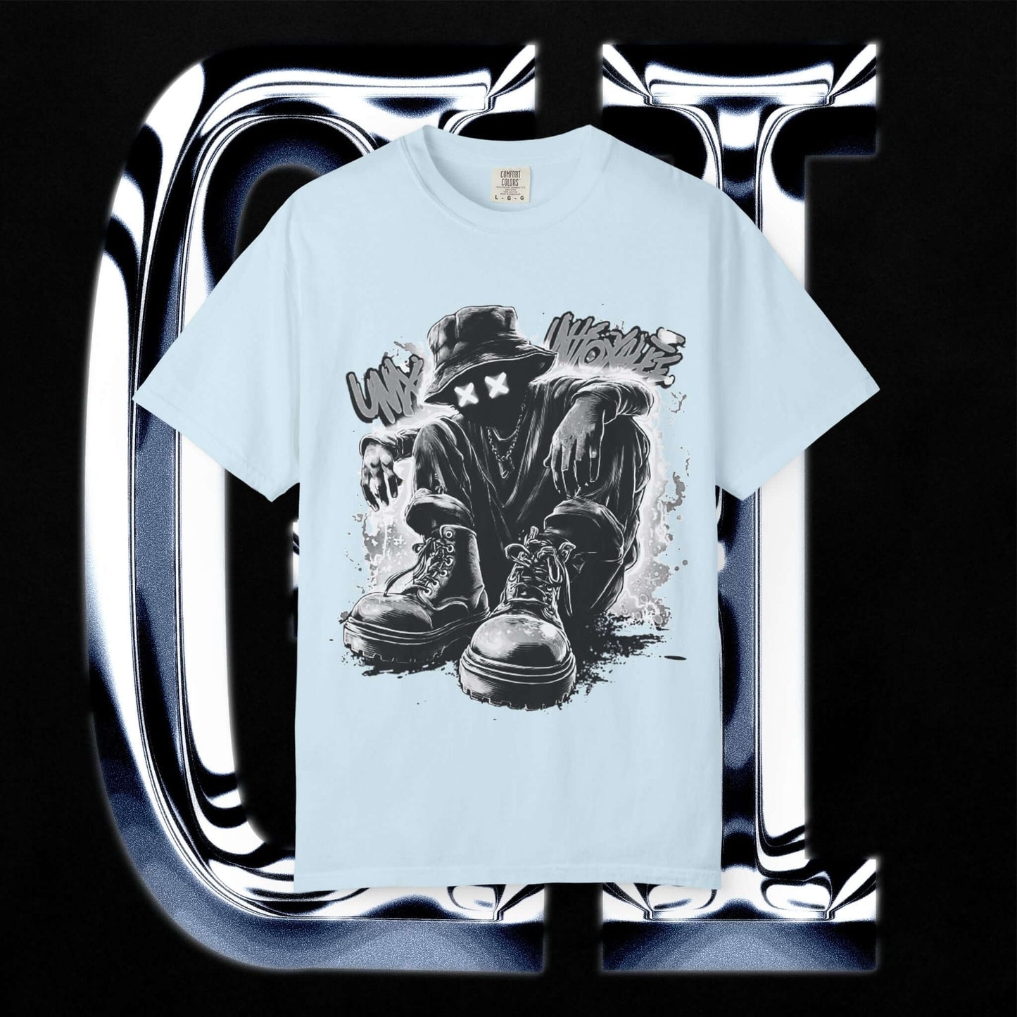 Garment-Dyed Streetwear Tee XX Urban Recline Graphic design on light blue T-shirt with unique artwork.