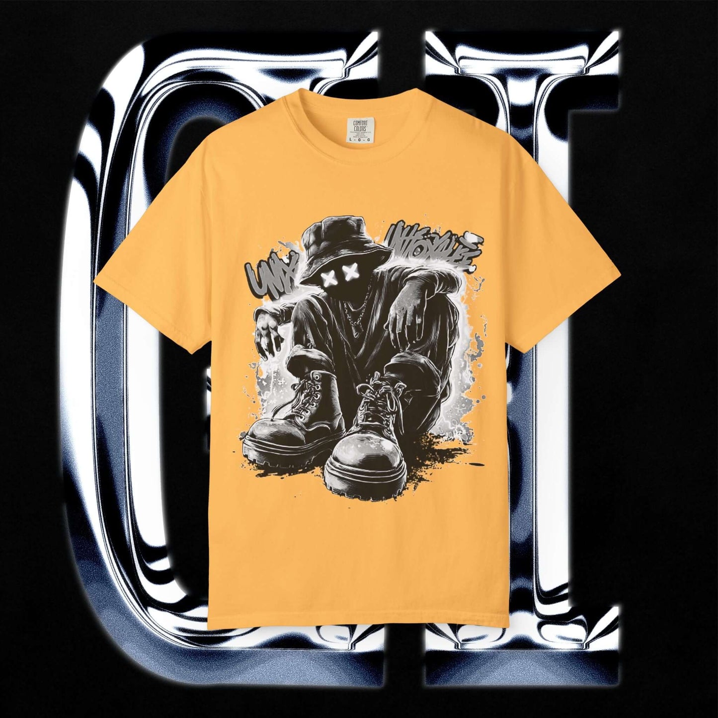 Garment-Dyed Streetwear Tee XX Urban Recline Graphic in yellow with bold graphic design and relaxed fit.