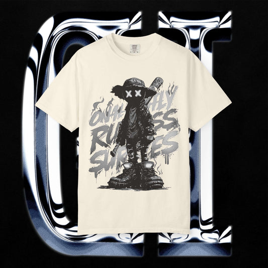 Garment-Dyed Streetwear Tee XX Ruthless Shadows Graphic featuring artistic black and white design on cream background.