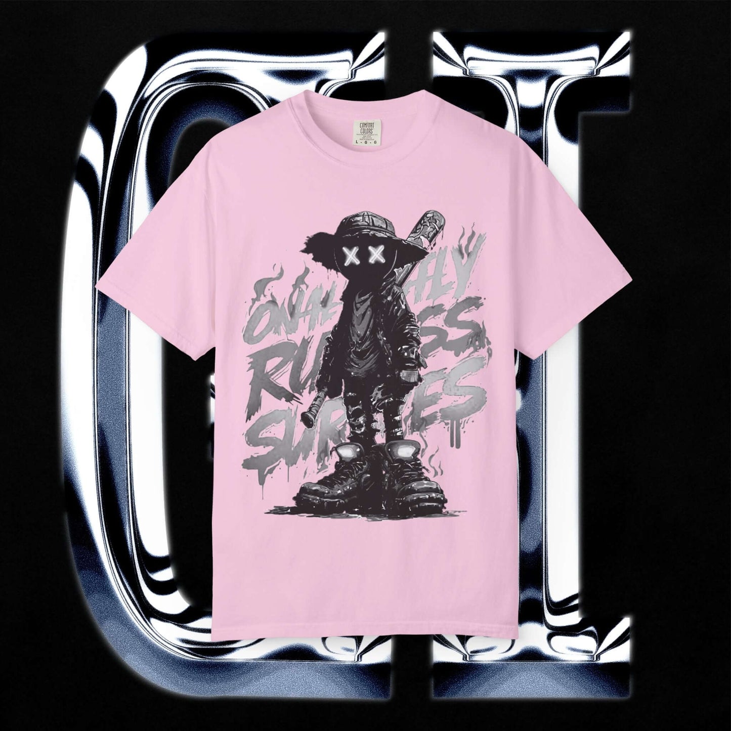 Garment-Dyed Streetwear Tee XX Ruthless Shadows Graphic on a pink T-shirt with a striking design.