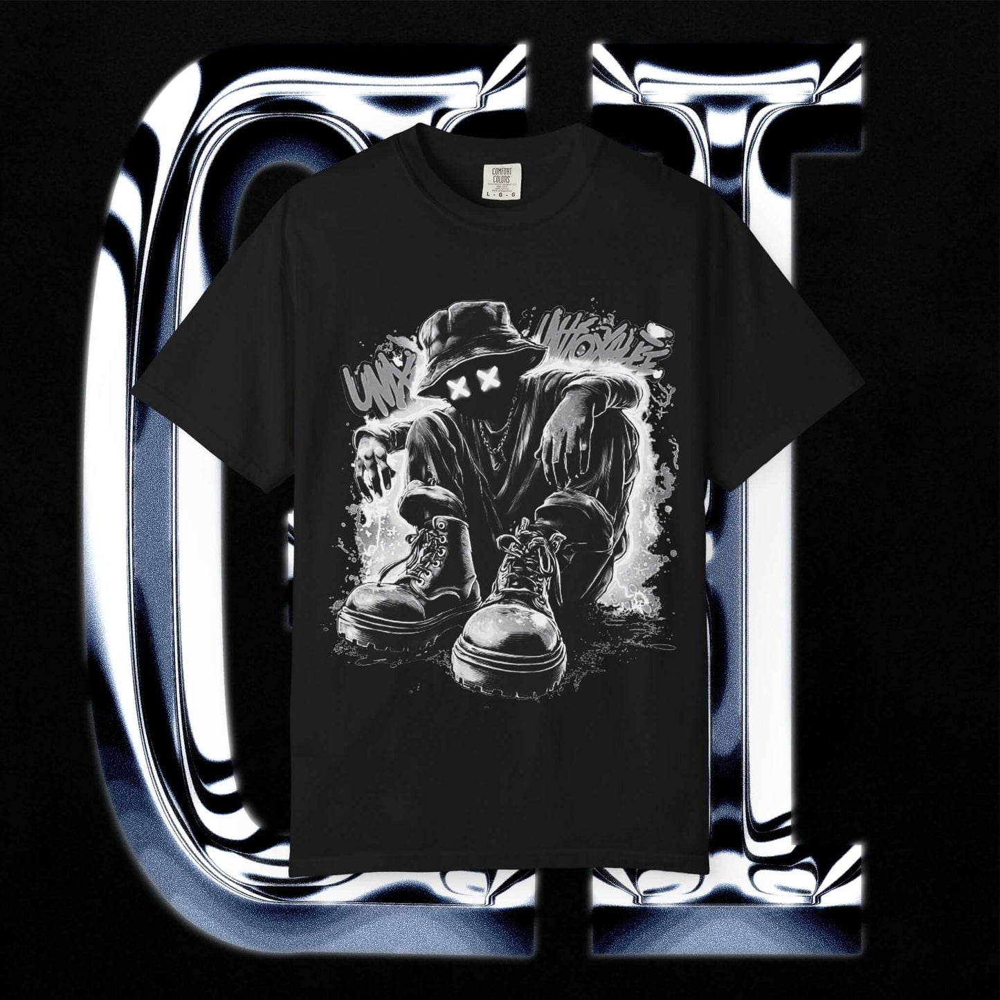 Garment-Dyed Streetwear Tee XX Urban Recline Graphic featuring bold design on black background.