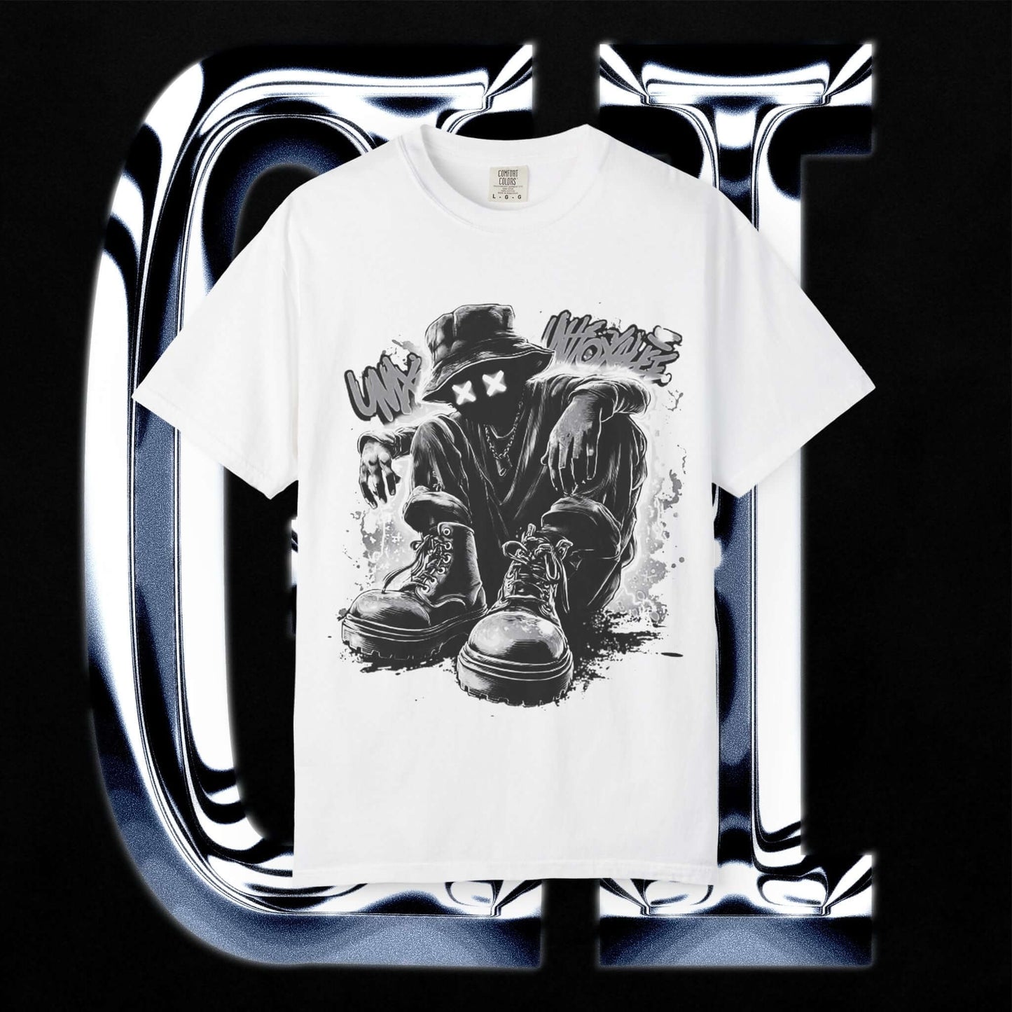 Garment-Dyed Streetwear Tee XX Urban Recline Graphic featuring bold Urban Recline design on a white T-shirt.