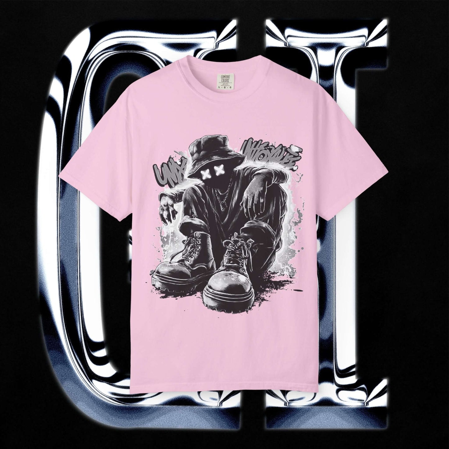 Garment-Dyed Streetwear Tee XX Urban Recline Graphic featuring bold graphic design on a pink T-shirt.